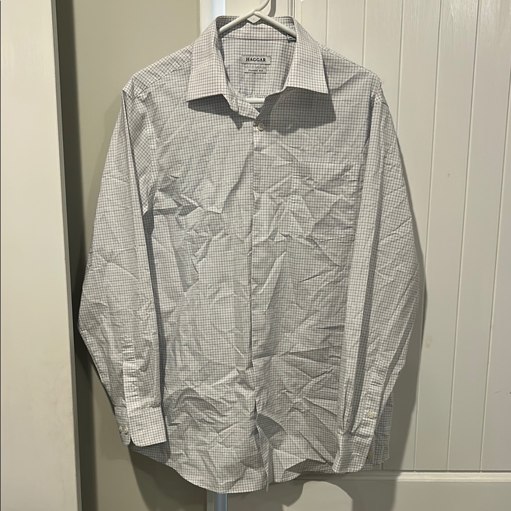 Haggar White and Gray Dress Shirt Classic Long Sleeve